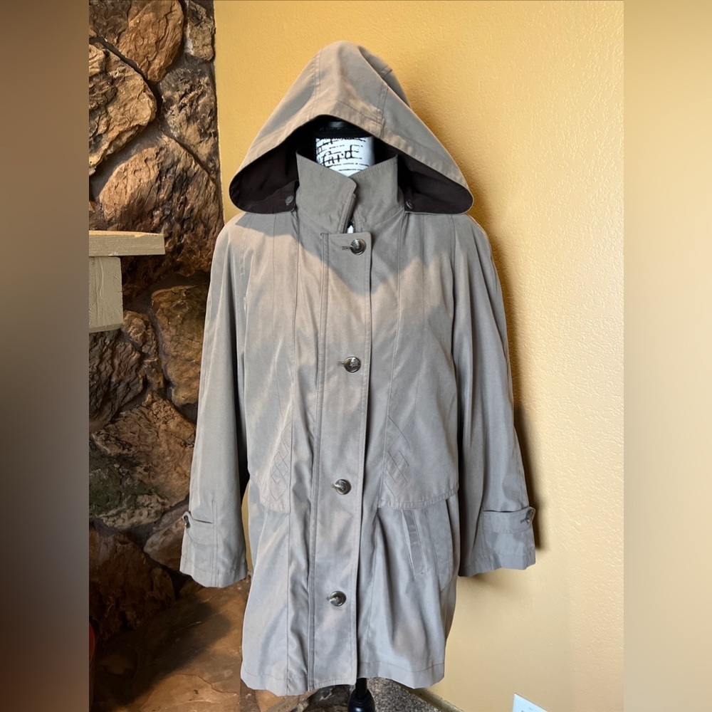 GALLERY Jacket Woman's Med Olive Green Zip Up Removable Brown Hood Pockets ~READ